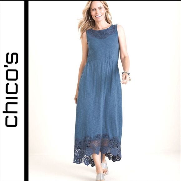 Chico's Crochet Detail Cotton/Modal Maxi Blue Dress Boho Summer 1 8/M - Picture 1 of 11